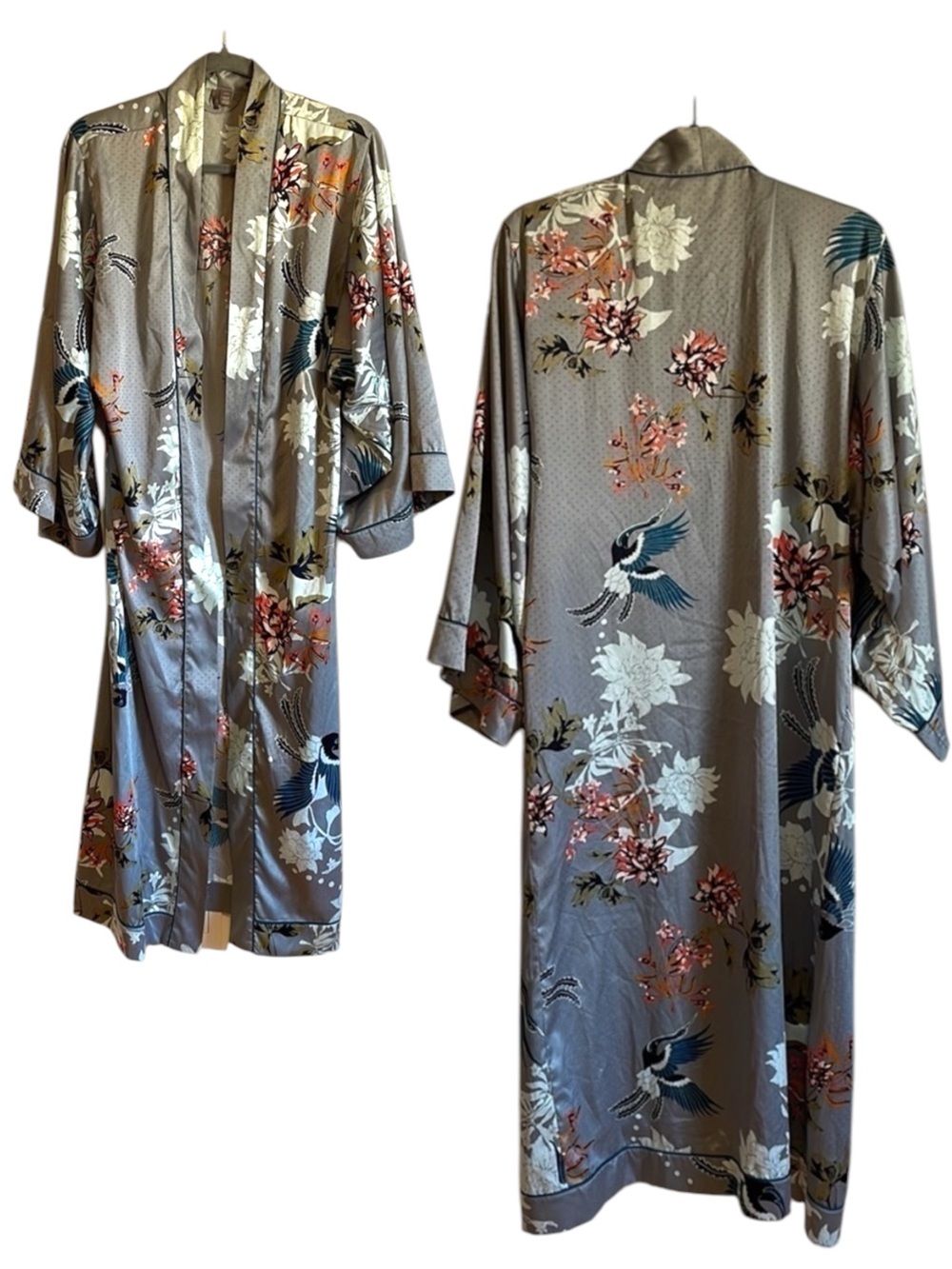 Chelsea 28 Gray Floral Kimono Bird Teal Green Duster Long Open Front S/M